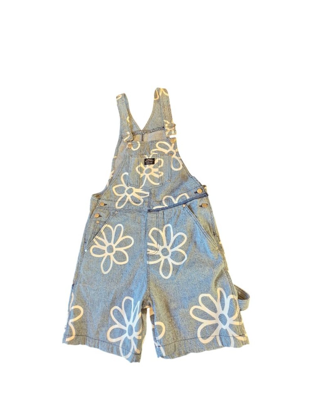 WeSC Daisy Floral Denim Bib Overall Shorts Shortalls Y2K Streetwear Unisex Sz S